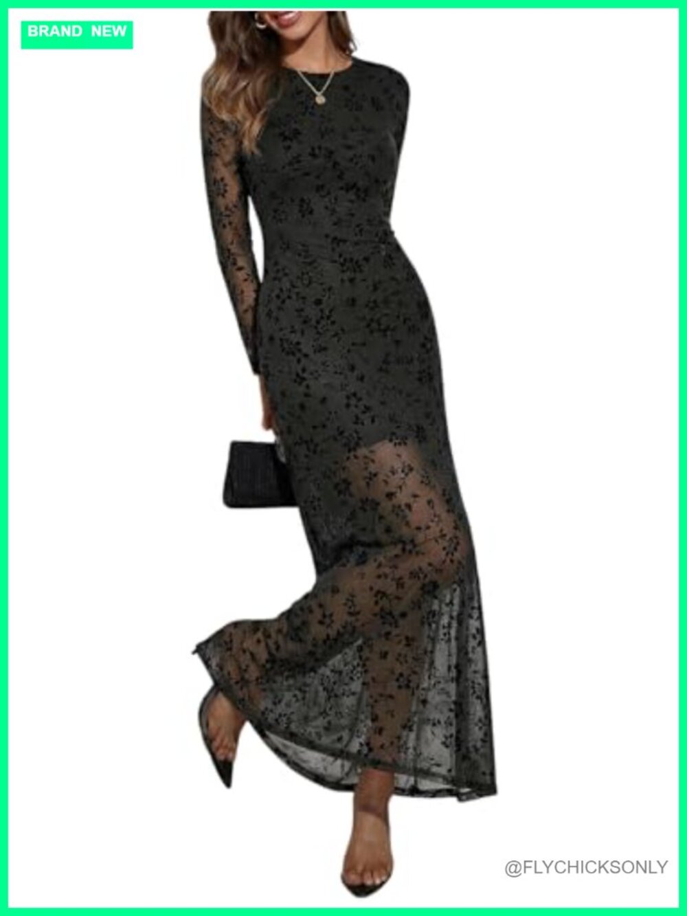Formal Wedding Guest Long Sleeve Maxi Dress Crew Neck A-Line